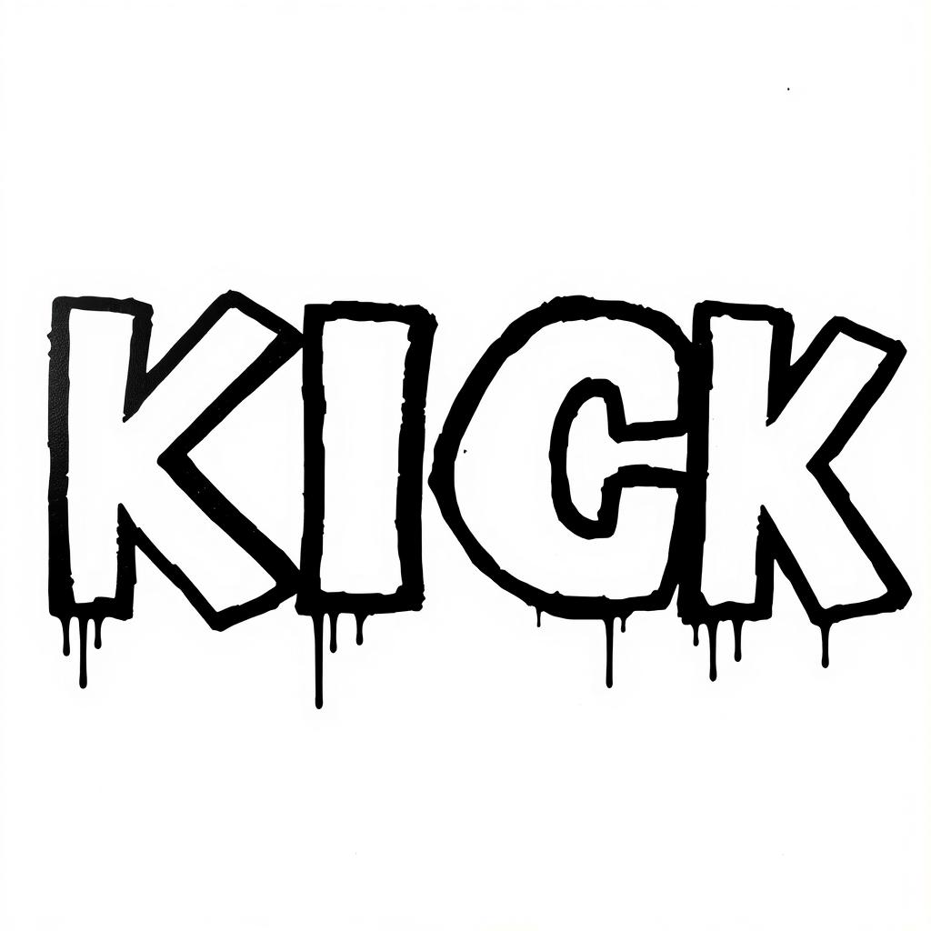 A striking typography design featuring the word "KICK" in bold, white letters with thick black outlines, capturing the edgy essence of Banksy's street art style