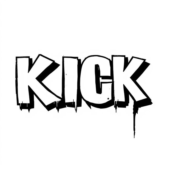 A striking typography design featuring the word "KICK" in bold, white letters with thick black outlines, capturing the edgy essence of Banksy's street art style