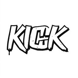 A striking typography design featuring the word "KICK" in bold, white letters with thick black outlines, capturing the edgy essence of Banksy's street art style