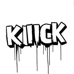 A striking typography design featuring the word "KICK" in bold, white letters with thick black outlines, capturing the edgy essence of Banksy's street art style