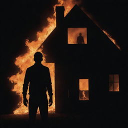 A silhouette of a person facing a burning house in the darkness, their shadow morphing into a monstrous figure seeking revenge.