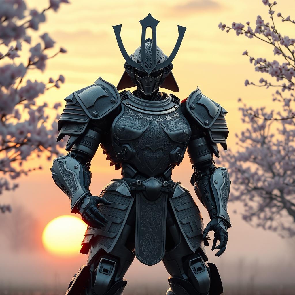 A beautifully crafted robot with sleek, metallic body armor, inspired by traditional samurai aesthetics