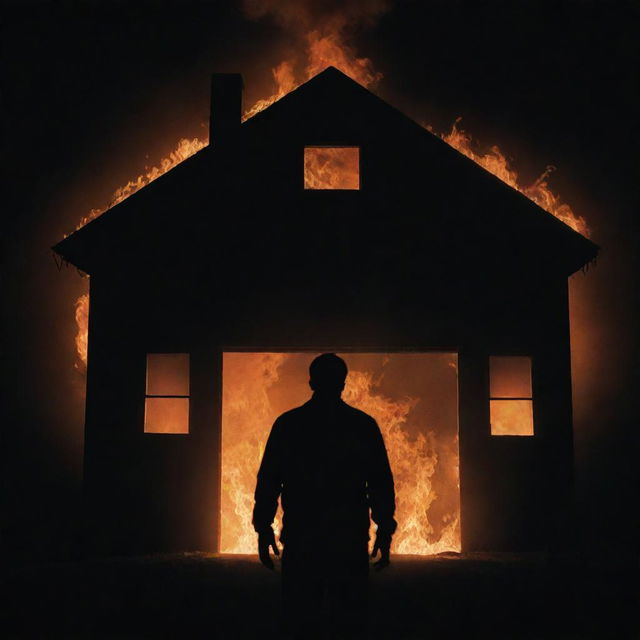 A silhouette of a person facing a burning house in the darkness, their shadow morphing into a monstrous figure seeking revenge.