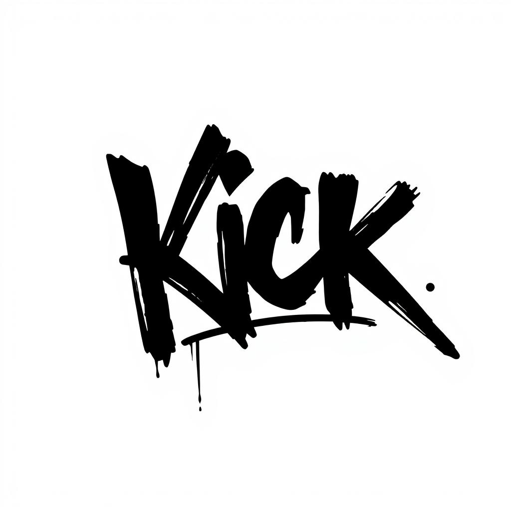 A dynamic and artistic representation of the word "KICK" in bold, hand-written graffiti style