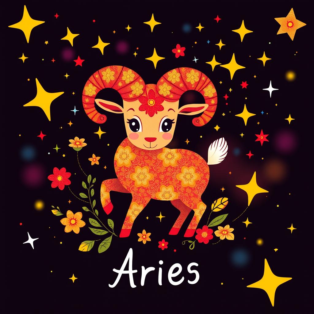 A vibrant and playful representation of the Aries zodiac sign, featuring the iconic ram symbol in a whimsical style