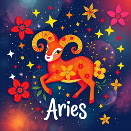 A vibrant and playful representation of the Aries zodiac sign, featuring the iconic ram symbol in a whimsical style