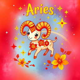 A vibrant and playful representation of the Aries zodiac sign, featuring the iconic ram symbol in a whimsical style