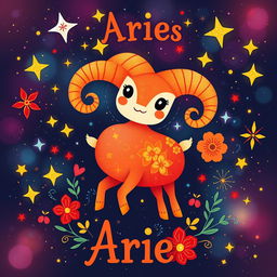 A vibrant and playful representation of the Aries zodiac sign, featuring the iconic ram symbol in a whimsical style