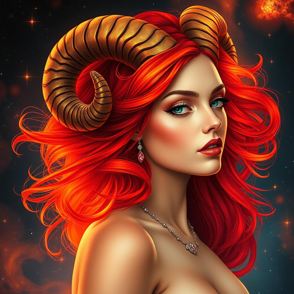 A striking and realistic representation of the Aries zodiac sign, portraying a beautiful adult woman as the symbol of Aries