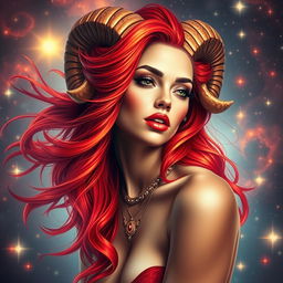 A striking and realistic representation of the Aries zodiac sign, portraying a beautiful adult woman as the symbol of Aries