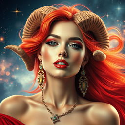 A striking and realistic representation of the Aries zodiac sign, portraying a beautiful adult woman as the symbol of Aries