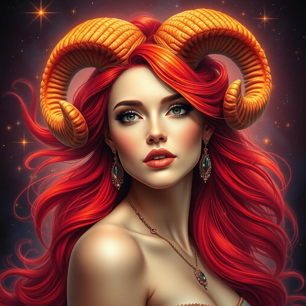 A striking and realistic representation of the Aries zodiac sign, portraying a beautiful adult woman as the symbol of Aries