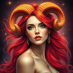 A striking and realistic representation of the Aries zodiac sign, portraying a beautiful adult woman as the symbol of Aries