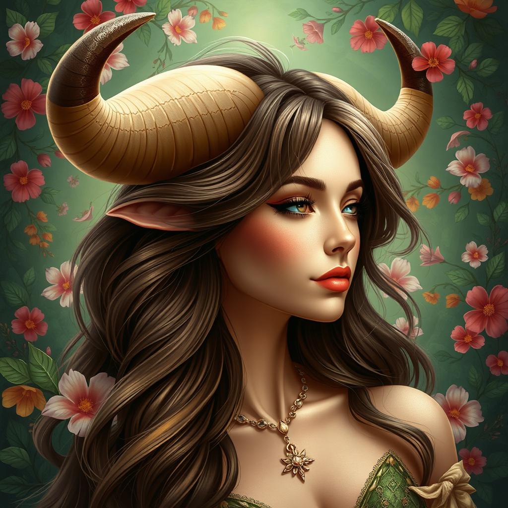 A stunning and realistic portrayal of the Taurus zodiac sign, featuring an elegant adult woman as the embodiment of Taurus