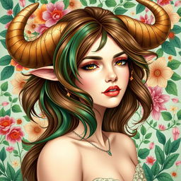 A stunning and realistic portrayal of the Taurus zodiac sign, featuring an elegant adult woman as the embodiment of Taurus