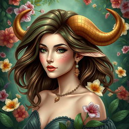 A stunning and realistic portrayal of the Taurus zodiac sign, featuring an elegant adult woman as the embodiment of Taurus