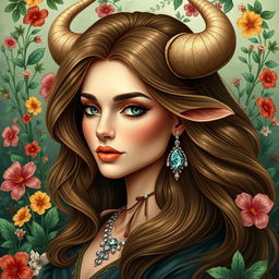 A stunning and realistic portrayal of the Taurus zodiac sign, featuring an elegant adult woman as the embodiment of Taurus