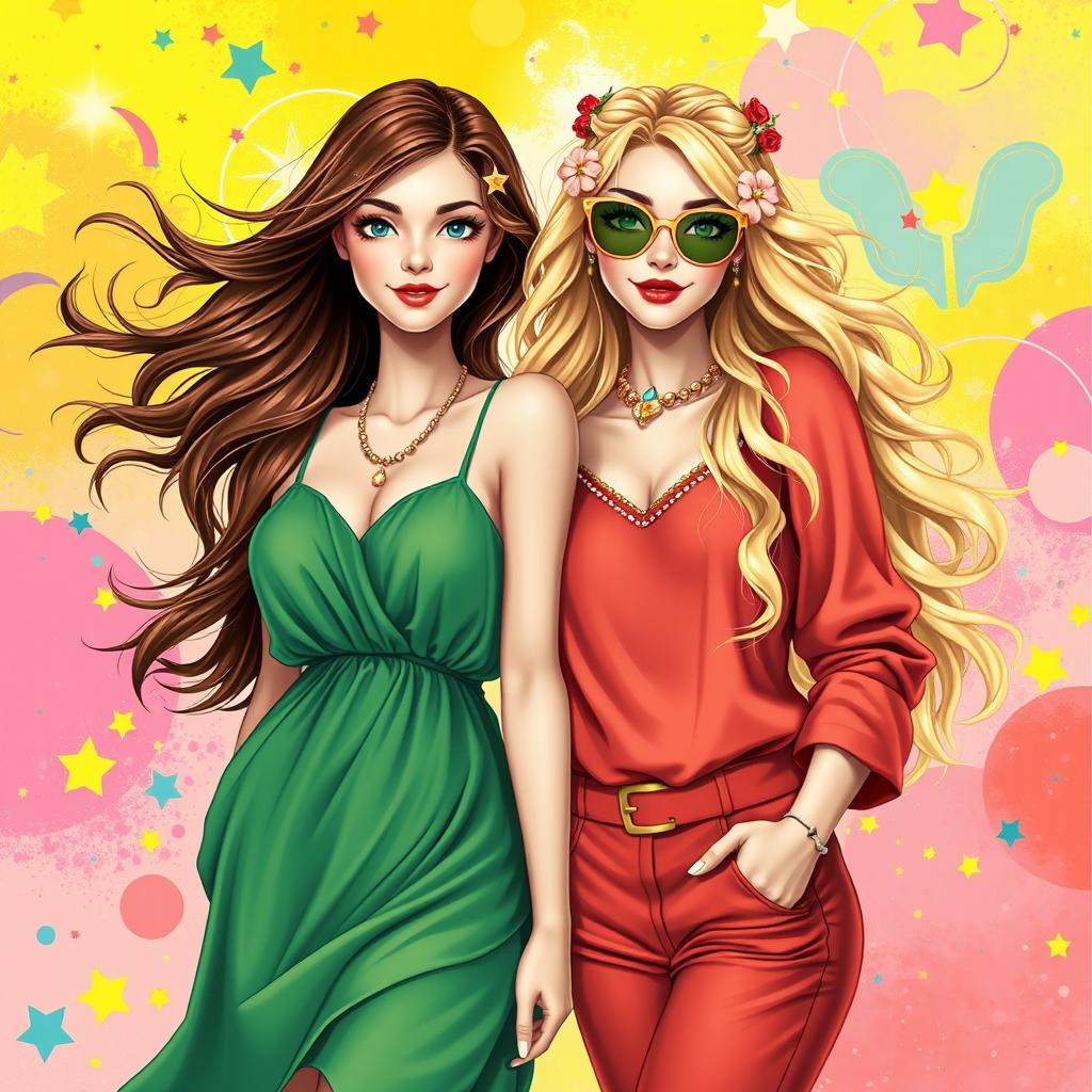 A stunning and realistic portrayal of the Gemini zodiac sign, featuring two beautiful adult women who represent the duality of Gemini