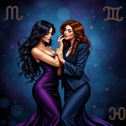 An enchanting and realistic representation of the Gemini zodiac sign, featuring two adult women symbolizing its duality