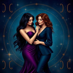 An enchanting and realistic representation of the Gemini zodiac sign, featuring two adult women symbolizing its duality