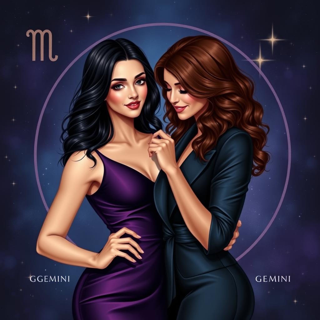 An enchanting and realistic representation of the Gemini zodiac sign, featuring two adult women symbolizing its duality