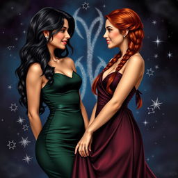 An alluring and realistic representation of the Gemini zodiac sign, featuring two adult women who symbolize its duality