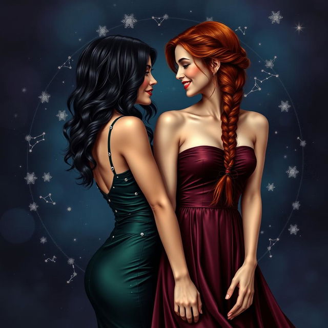 An alluring and realistic representation of the Gemini zodiac sign, featuring two adult women who symbolize its duality