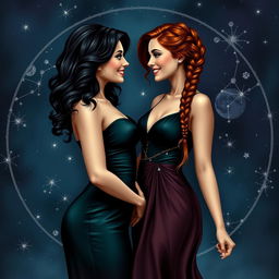 An alluring and realistic representation of the Gemini zodiac sign, featuring two adult women who symbolize its duality