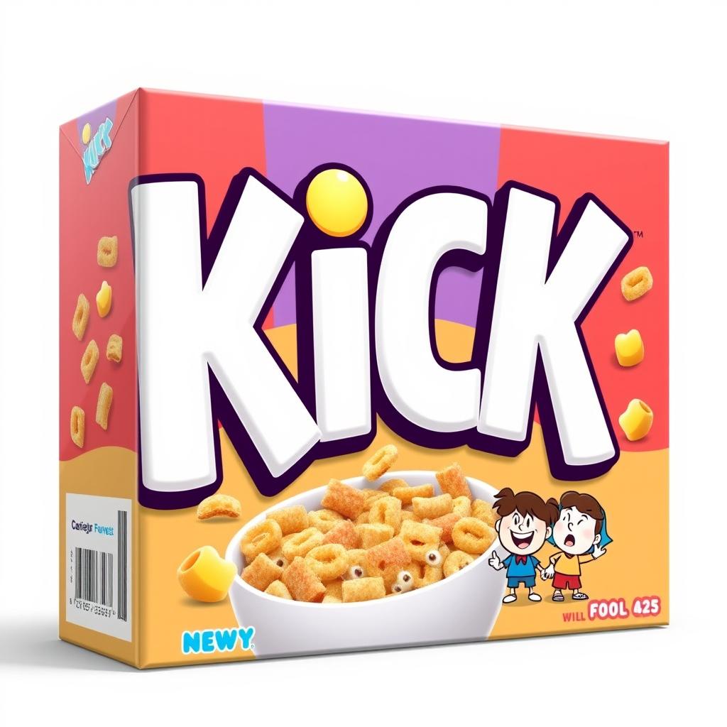 A colorful 2D cereal box with a playful, cartoonish design