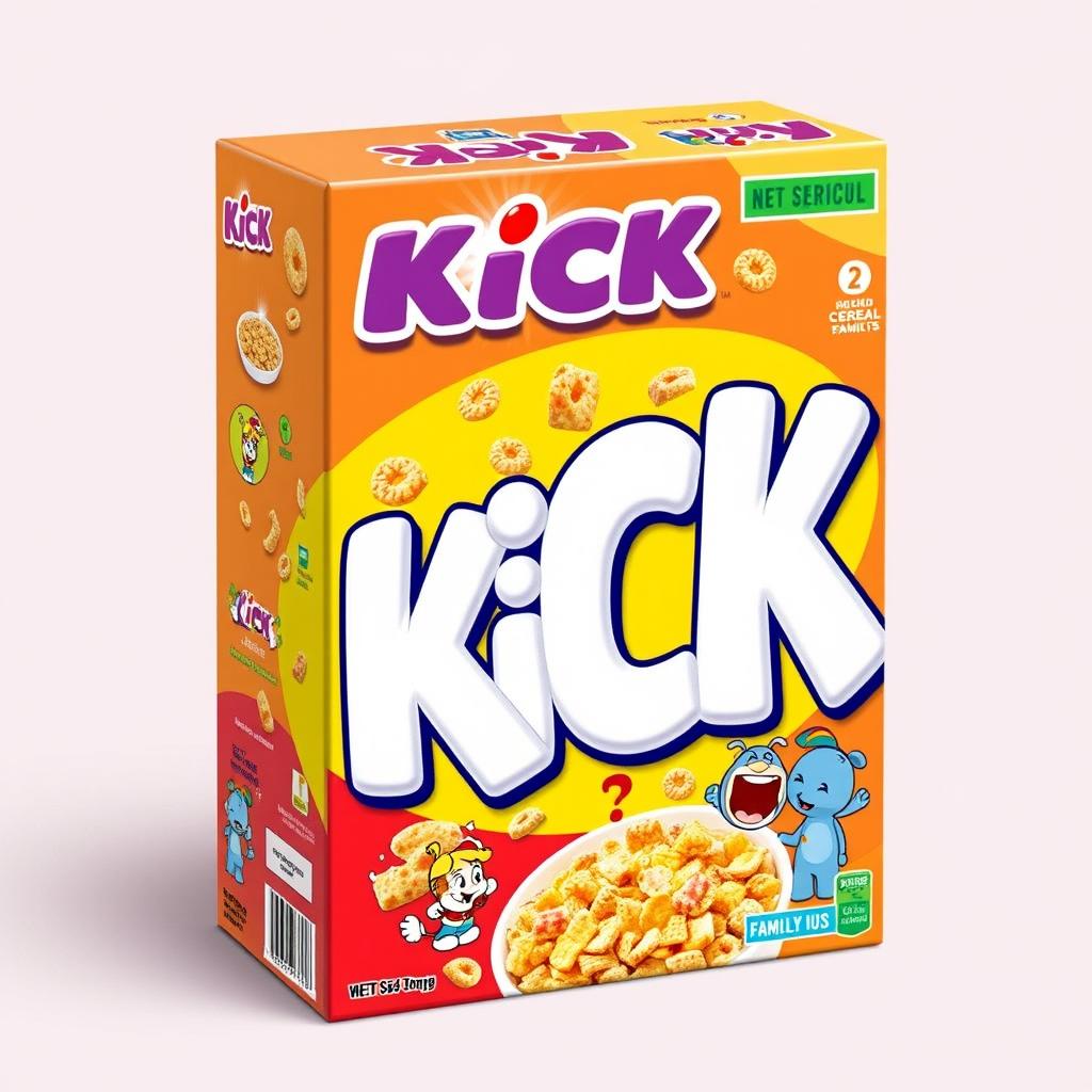 A colorful 2D cereal box with a playful, cartoonish design