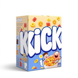 A colorful 2D cereal box with a playful, cartoonish design