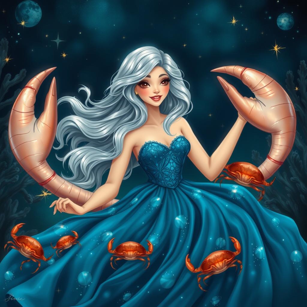 A whimsical and realistic depiction of the Cancer zodiac sign, featuring an elegant adult woman as its symbol