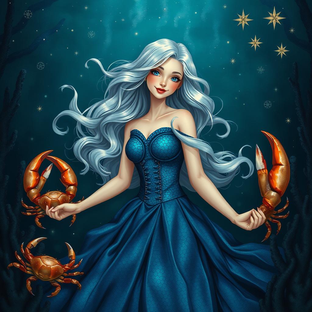 A whimsical and realistic depiction of the Cancer zodiac sign, featuring an elegant adult woman as its symbol