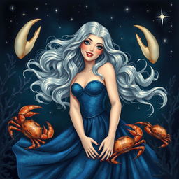 A whimsical and realistic depiction of the Cancer zodiac sign, featuring an elegant adult woman as its symbol