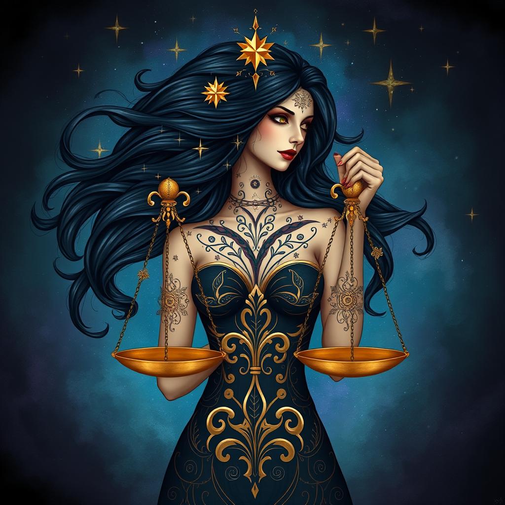 A stunning, adult fantasy depiction of the Libra zodiac sign featuring a beautiful woman as the central symbol
