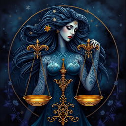 A stunning, adult fantasy depiction of the Libra zodiac sign featuring a beautiful woman as the central symbol