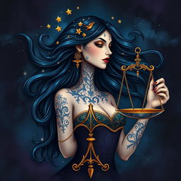 A stunning, adult fantasy depiction of the Libra zodiac sign featuring a beautiful woman as the central symbol