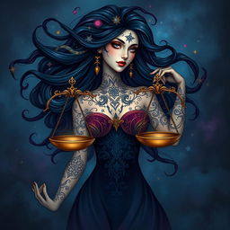 A stunning, adult fantasy depiction of the Libra zodiac sign featuring a beautiful woman as the central symbol