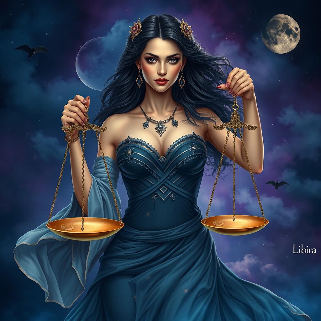 A captivating, adult fantasy representation of the Libra zodiac sign featuring a realistic woman embodying the essence of Libra