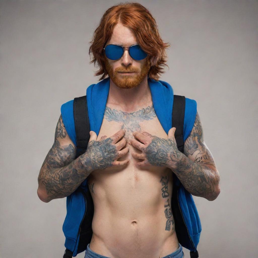 A male Free Fire character with red hair covering his eyes, showing only the upper half of his heavily tattooed body. He is shirtless with a blue backpack shaped like a rabbit on his back and his hands are in a prayer position.