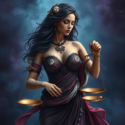 A captivating, adult fantasy representation of the Libra zodiac sign featuring a realistic woman embodying the essence of Libra