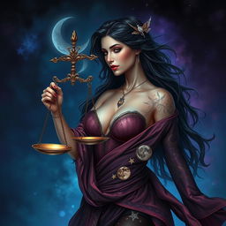 A captivating, adult fantasy representation of the Libra zodiac sign featuring a realistic woman embodying the essence of Libra
