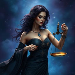 A captivating, adult fantasy representation of the Libra zodiac sign featuring a realistic woman embodying the essence of Libra