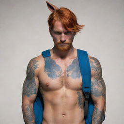 A male Free Fire character with red hair covering his eyes, showing only the upper half of his heavily tattooed body. He is shirtless with a blue backpack shaped like a rabbit on his back and his hands are in a prayer position.