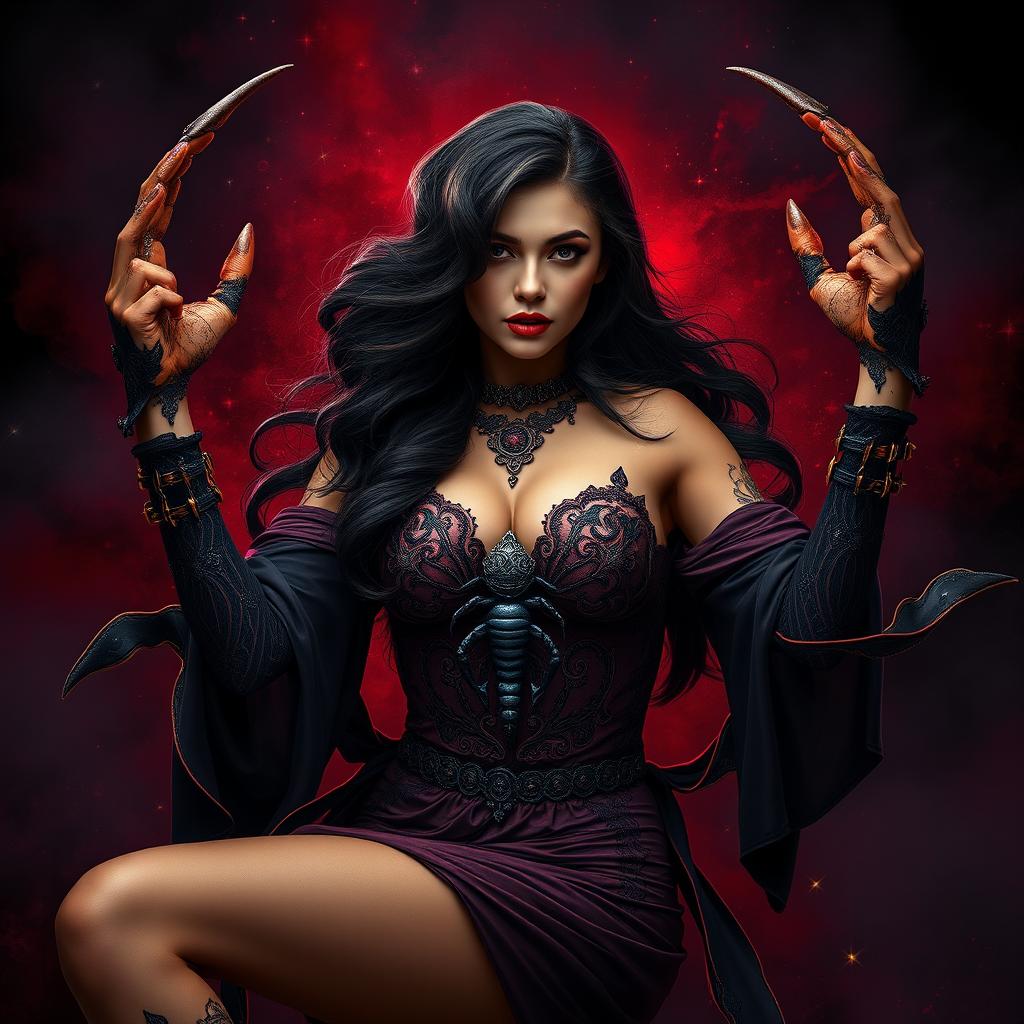 A mesmerizing, adult fantasy interpretation of the Scorpio zodiac sign featuring a striking woman as the embodiment of Scorpio