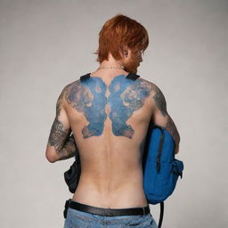 A male Free Fire character with red hair covering his eyes, showing only the upper half of his heavily tattooed body. He is shirtless with a blue backpack shaped like a rabbit on his back and his hands are in a prayer position.