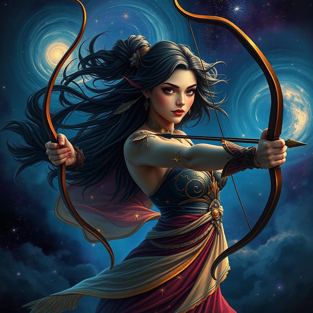 An enchanting, adult fantasy representation of the Sagittarius zodiac sign featuring a captivating woman as the embodiment of Sagittarius