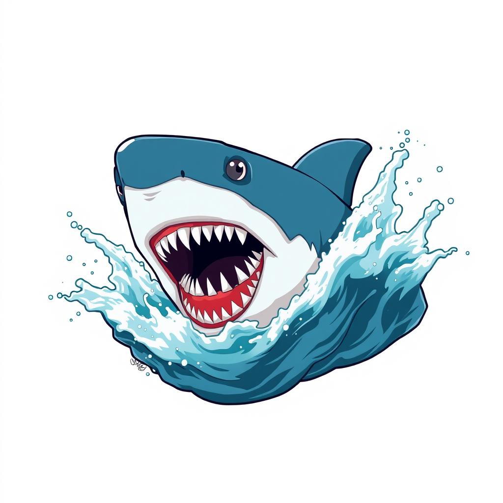 A striking 2D illustration of a shark's head, inspired by the Jaws movie, emerging from splashing, dynamic waves