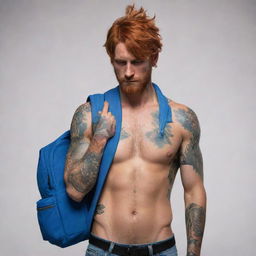 A male Free Fire character with red hair covering his eyes, showing only the upper half of his heavily tattooed body. He is shirtless with a blue backpack shaped like a rabbit on his back and his hands are in a prayer position.