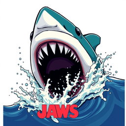 A striking 2D illustration of a shark's head, inspired by the Jaws movie, emerging from splashing, dynamic waves